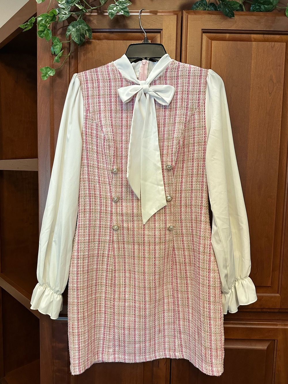 SHEIN Pink Tweed Dress with White Bow Blouse